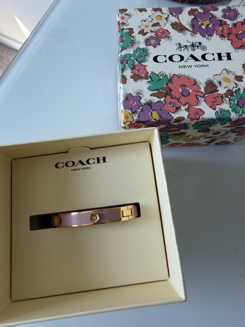 Coach pink gold tea rose enamel hinged bangle bracelet